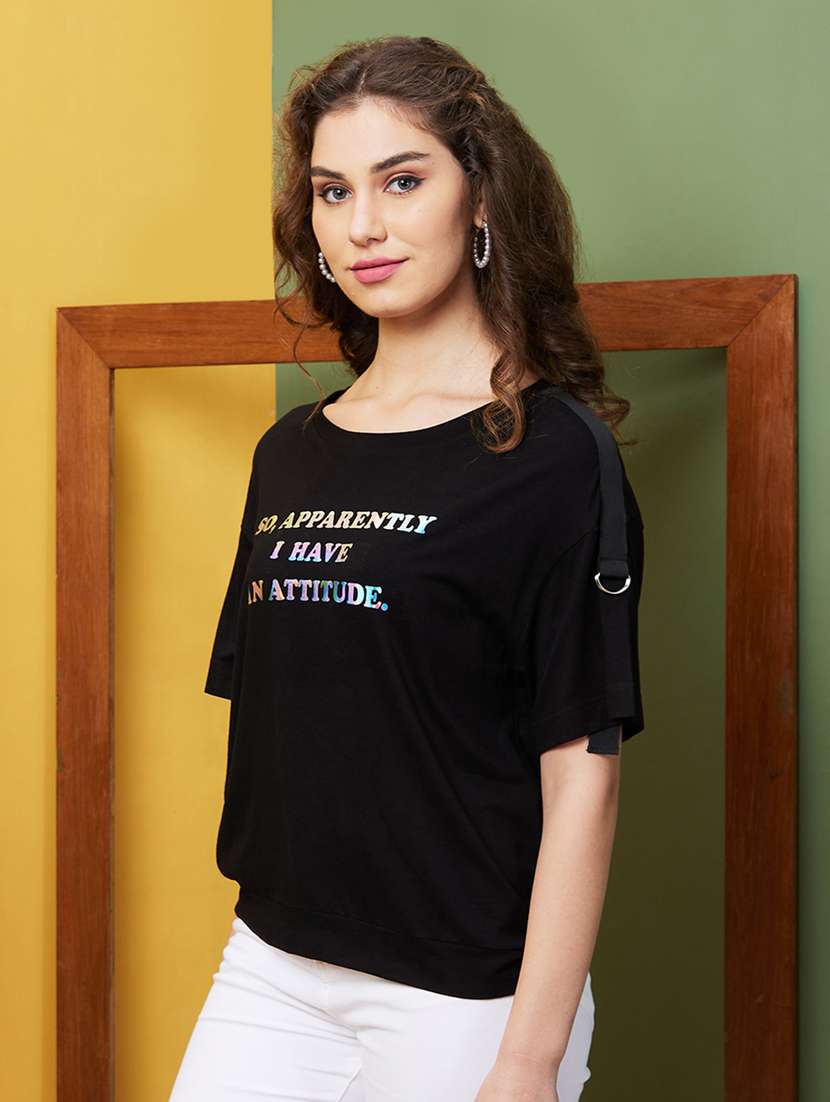 women typographic round neck boxy t-shirt - 20911601 -  Standard Image - 1