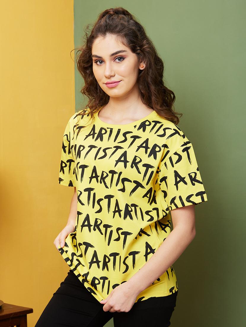 globus women yellow & black typography print drop shoulder boxy fit t-shirt - 20911602 -  Standard Image - 1