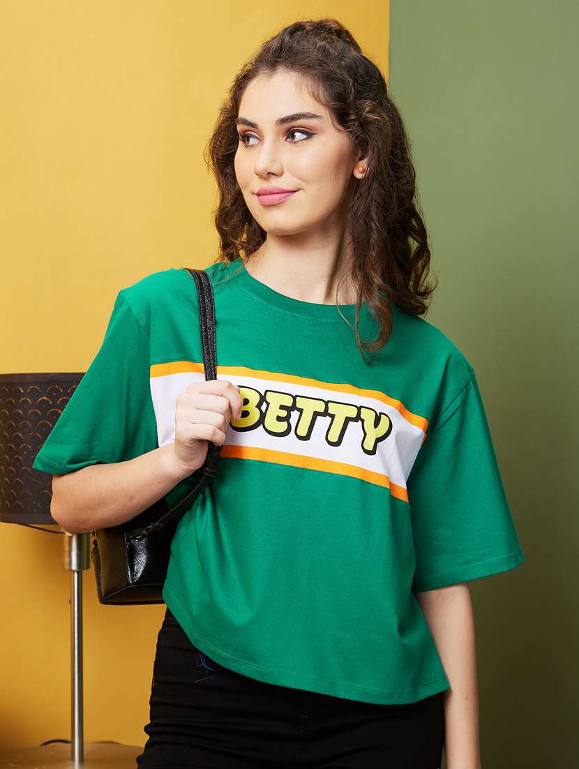 women typographic round neck boxy t-shirt