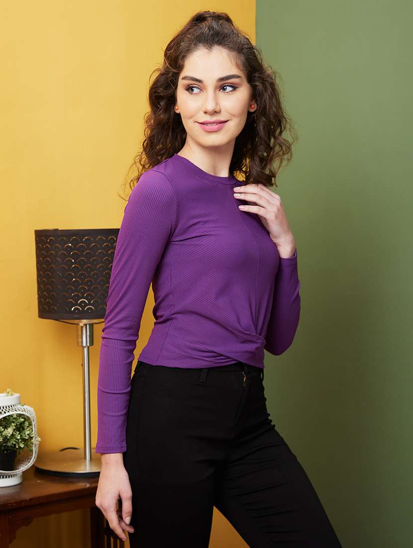globus women purple opaque round neck long sleeves twisted top - 20911634 - Standard Image - 1