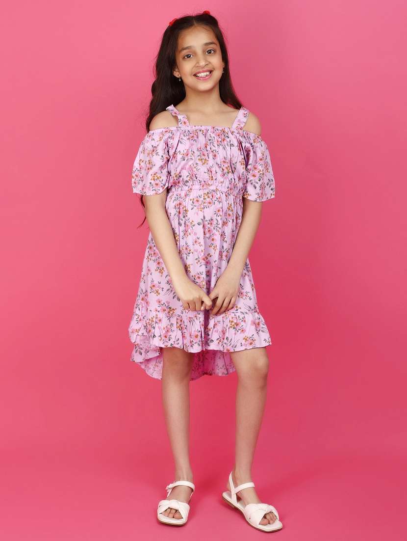 girls cold shoulder printed frock