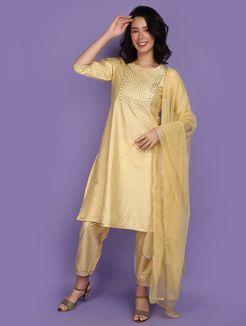 women yellow printed sequins detailed kurta & pant set - 20911893 -  Standard Image - 1