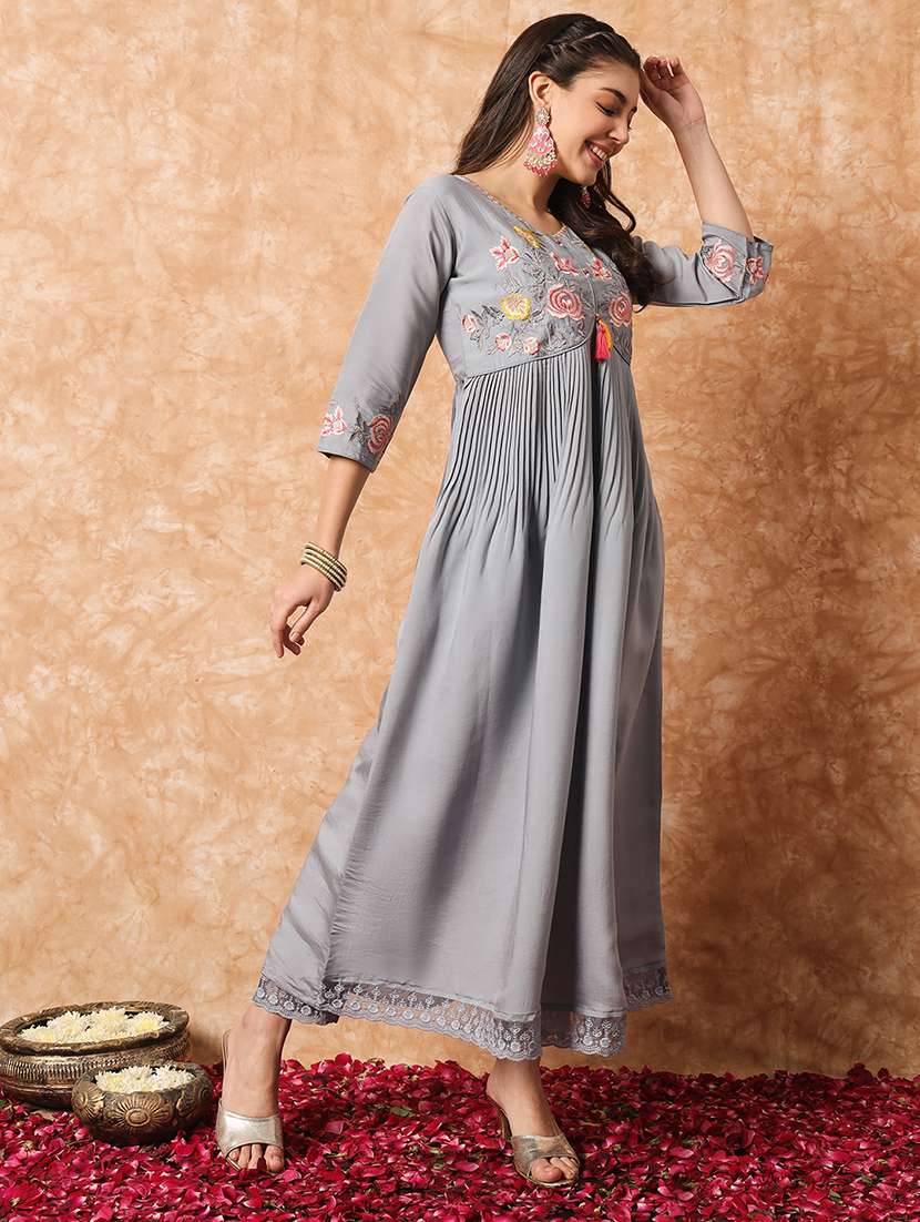 women grey round neck kurta pant set with dupatta - 20912012 - Standard Image - 1