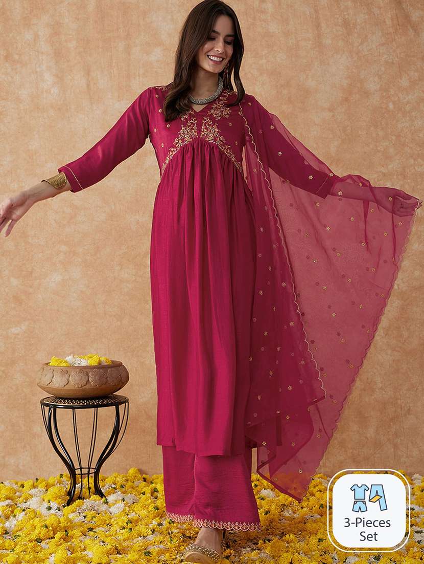 women three quarter sleeve kurta pant with dupatta set - 20912023 -  Standard Image - 1
