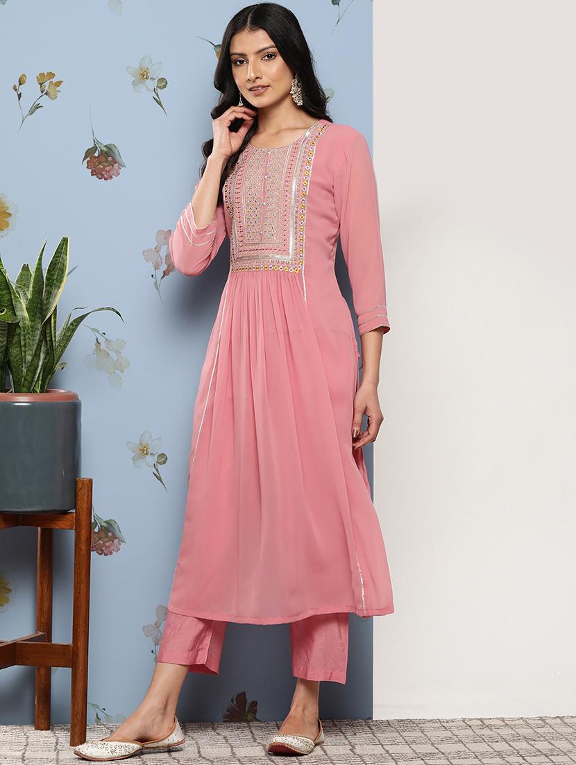 women pink round neck kurta pant set with dupatta - 20912037 - Standard Image - 1