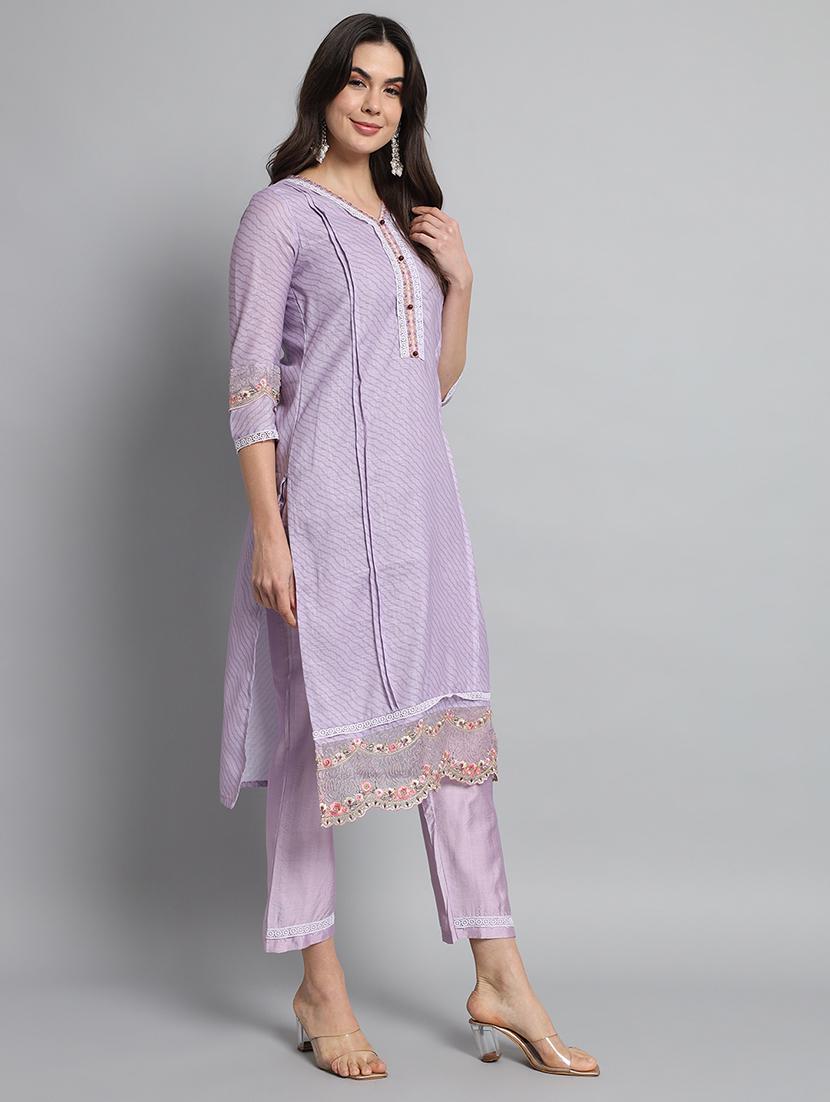women lavender v neck kurta pant set with dupatta - 20912041 - Standard Image - 1