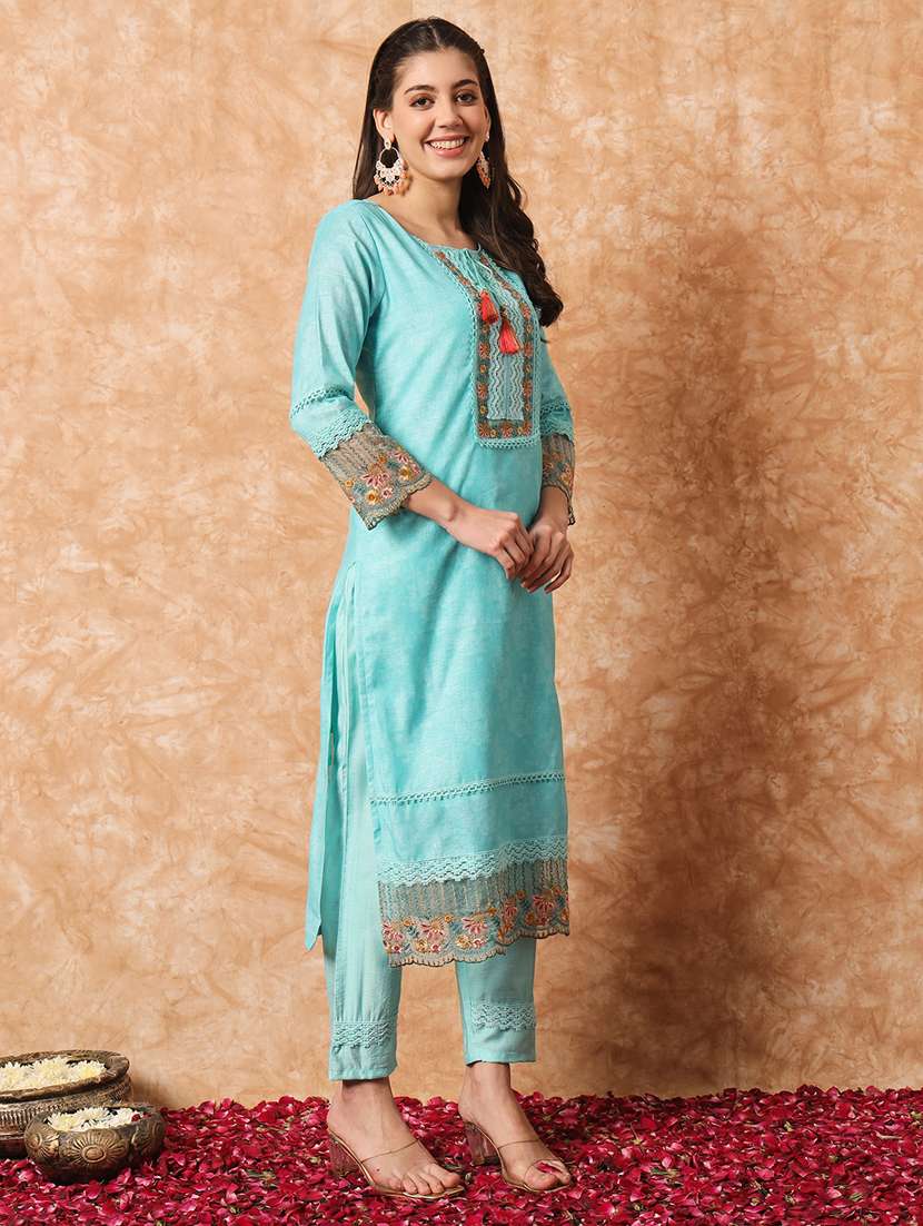 women light blue tie up neck kurta pant set with dupatta - 20912116 -  Standard Image - 1