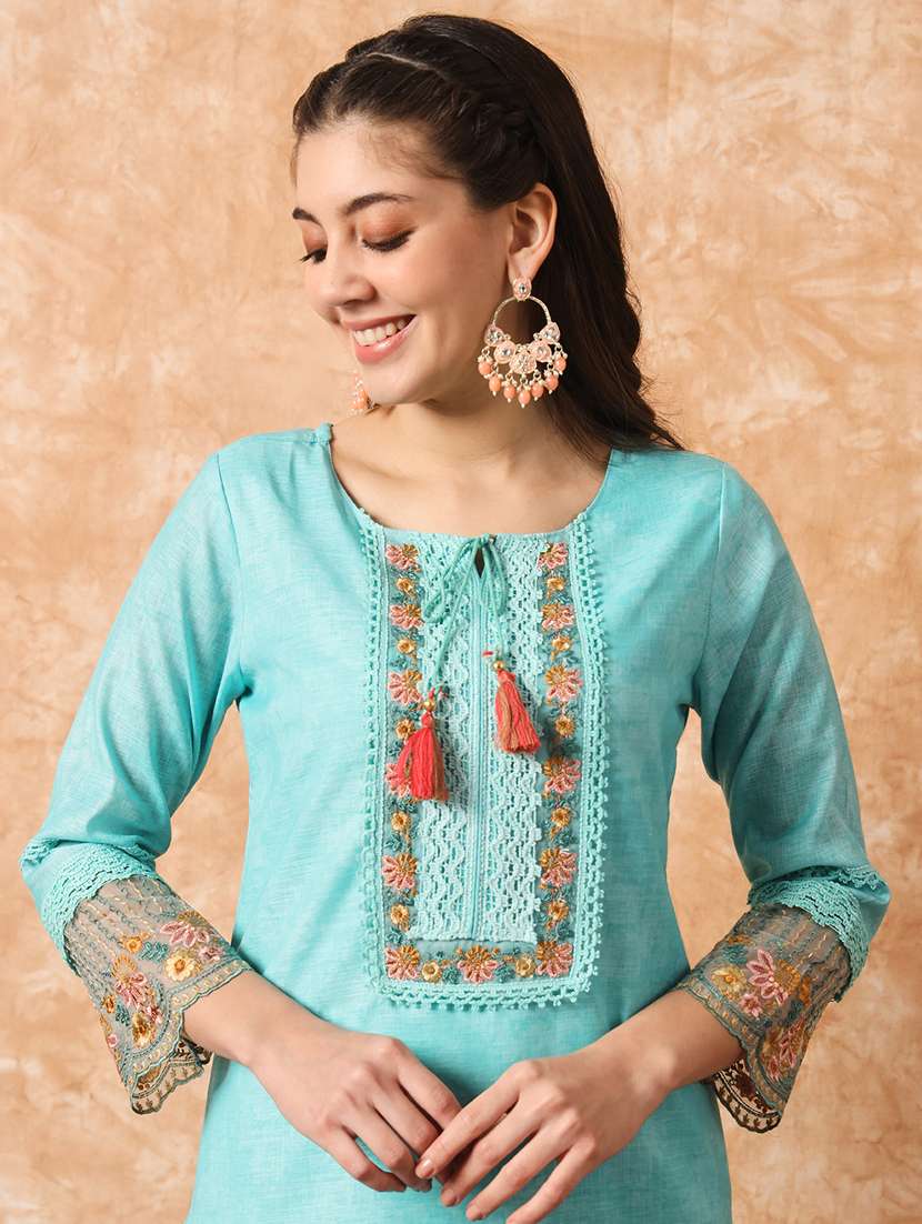 women light blue tie up neck kurta pant set with dupatta - 20912116 -  Standard Image - 4