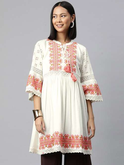 white cotton flared kurti - 20912298 - Standard Image - 0