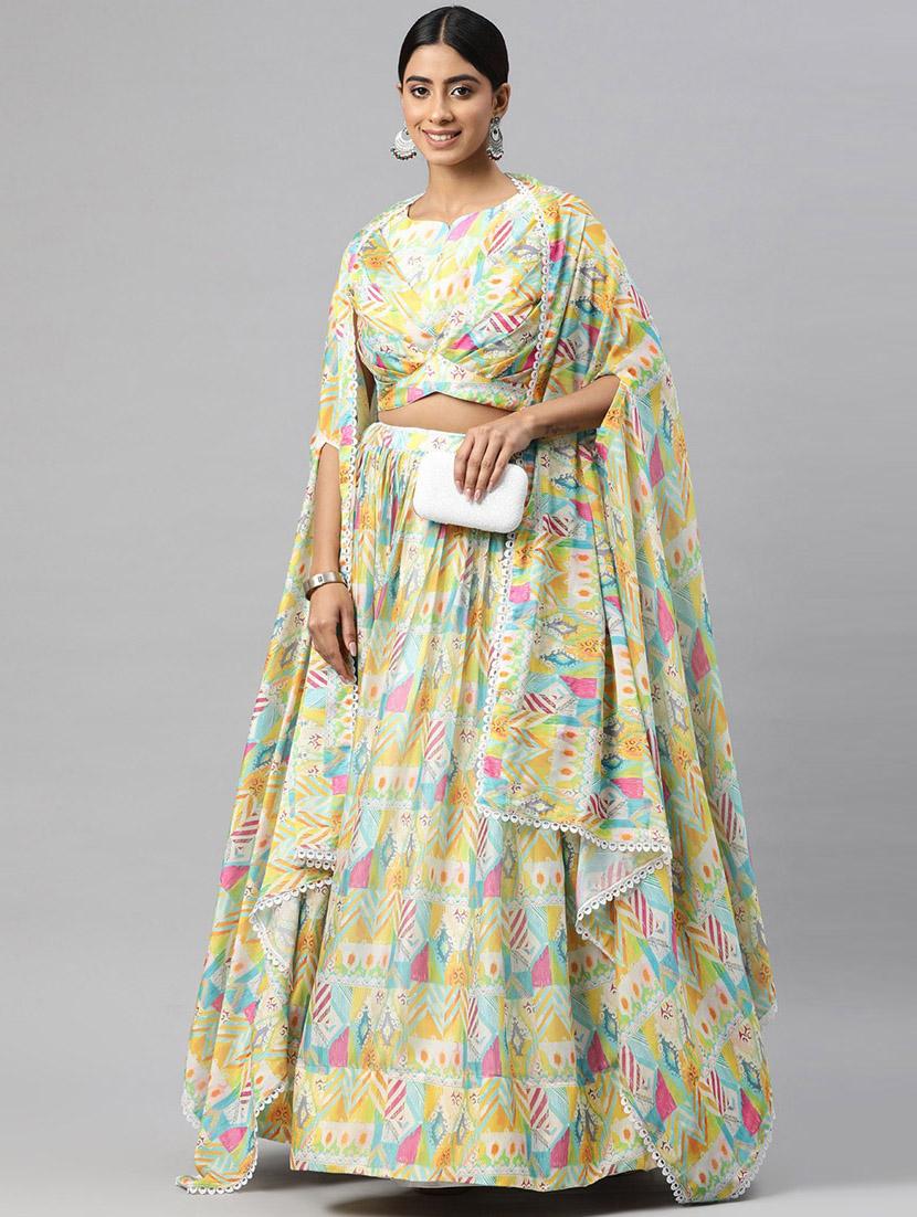 yellow silk flared lehenga - 20912300 - Zoom Image - 0
