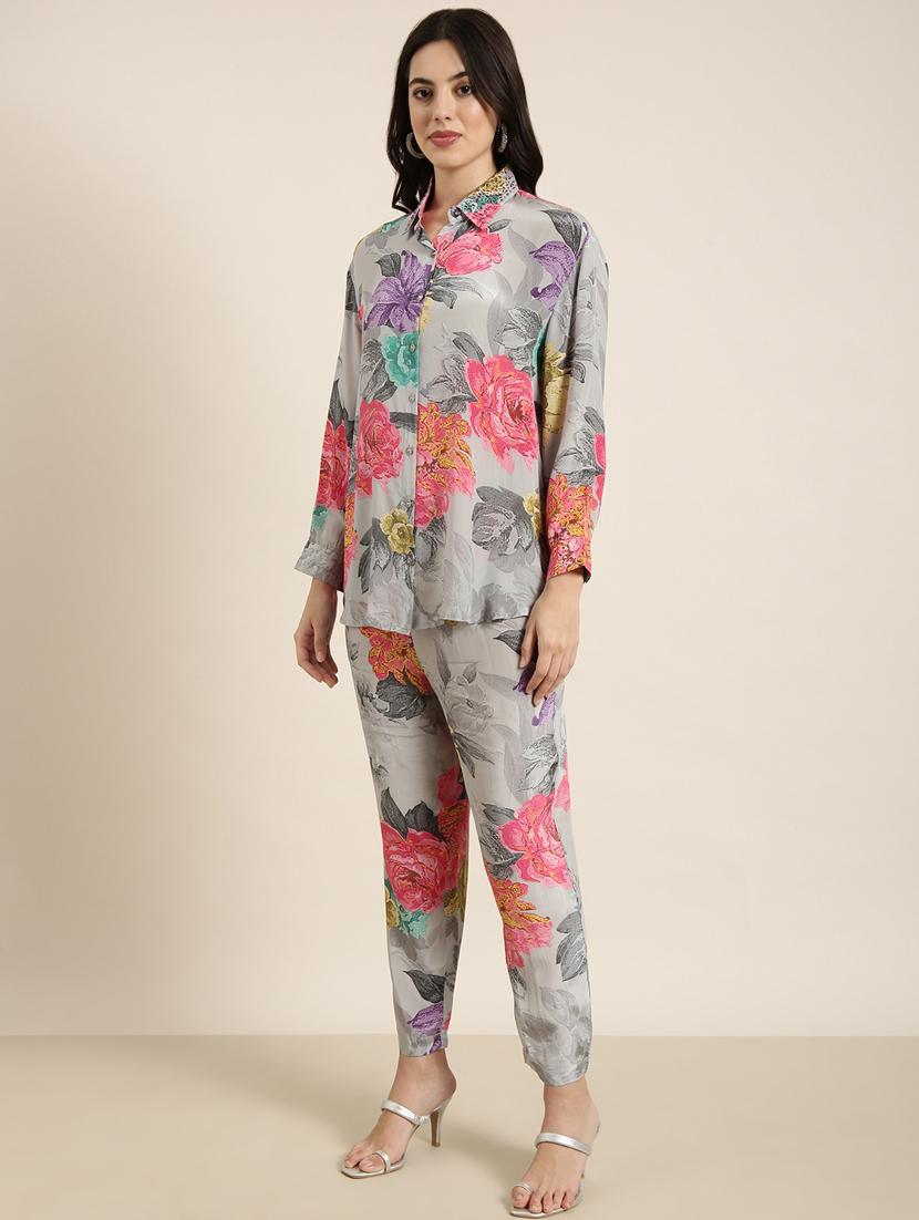 women grey floral printed shirt and trouser co-ord set - 20912328 - Standard Image - 1