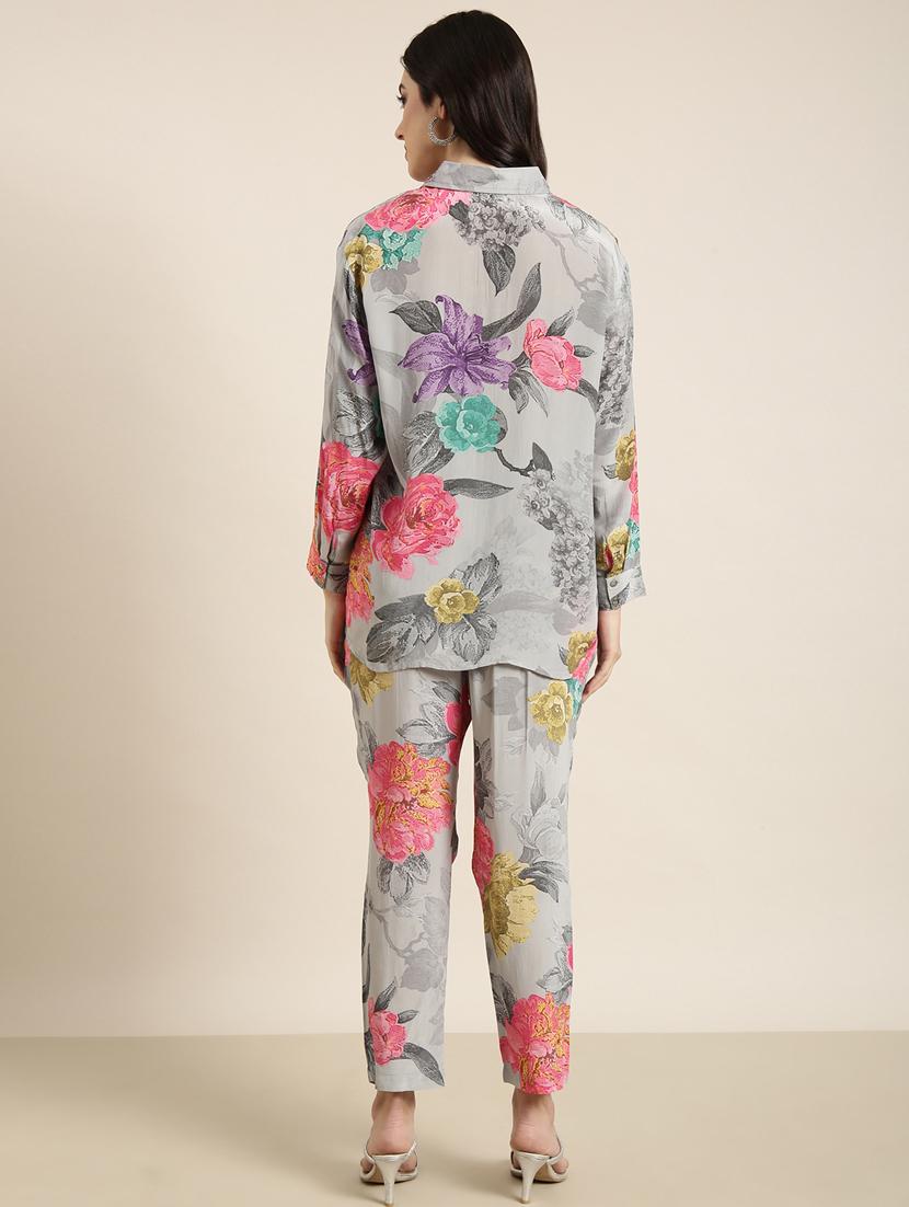 women grey floral printed shirt and trouser co-ord set - 20912328 - Standard Image - 4