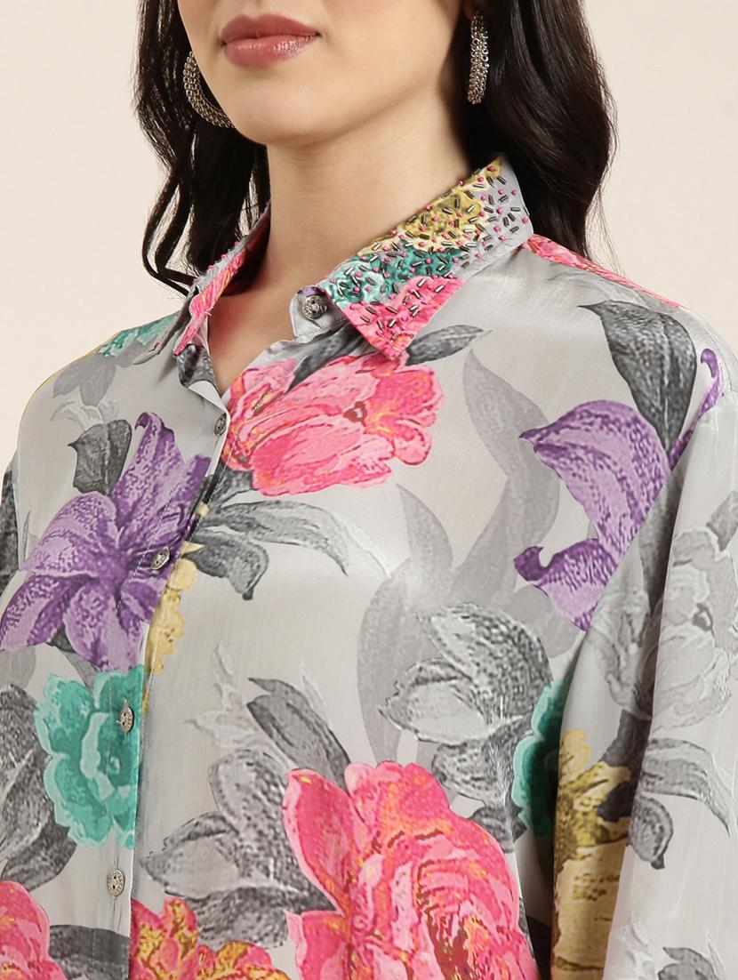 women grey floral printed shirt and trouser co-ord set - 20912328 - Standard Image - 6