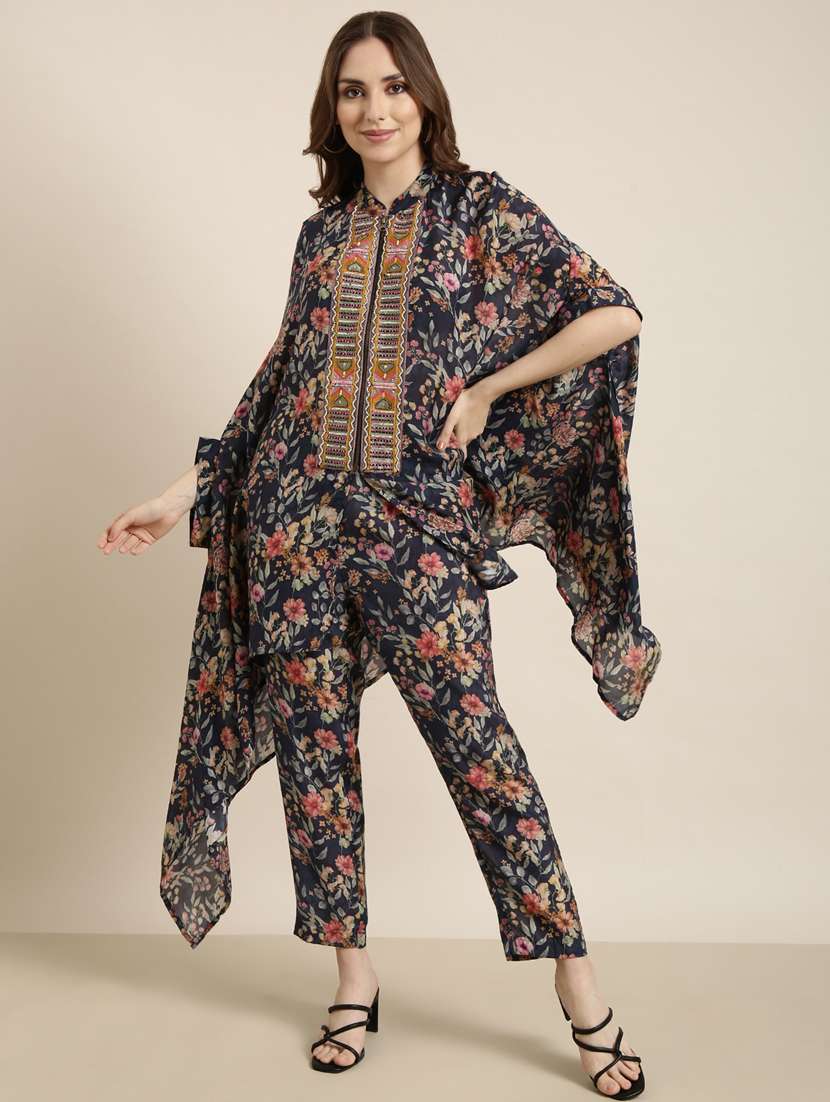 women navy blue floral printed shirt and trouser co-ord set