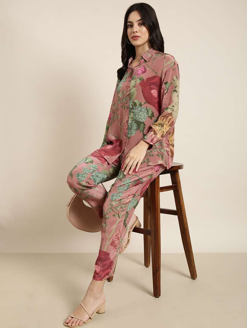 Women Floral Print Shirt And Trouser Co Ord Set