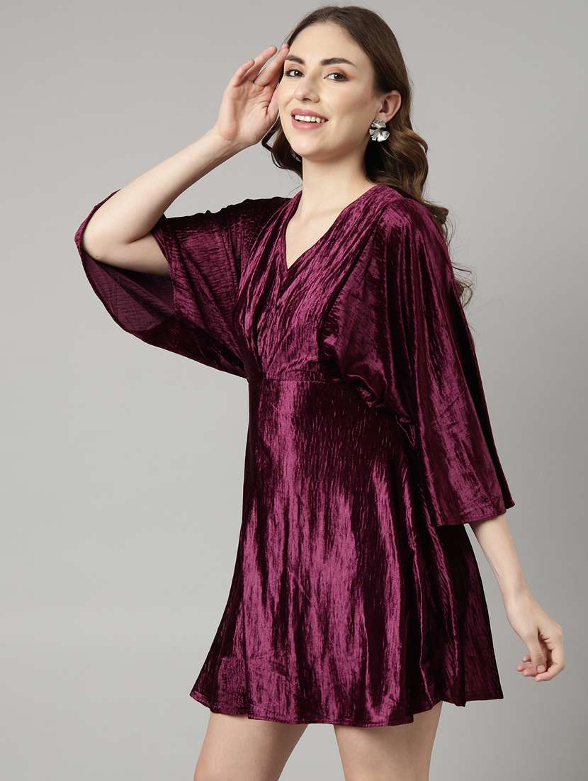 women burgundy solid fit & flare dress - 20915720 -  Standard Image - 1