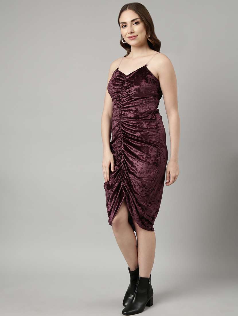 womne solid shoulder strap ruched dress - 20915721 -  Standard Image - 1