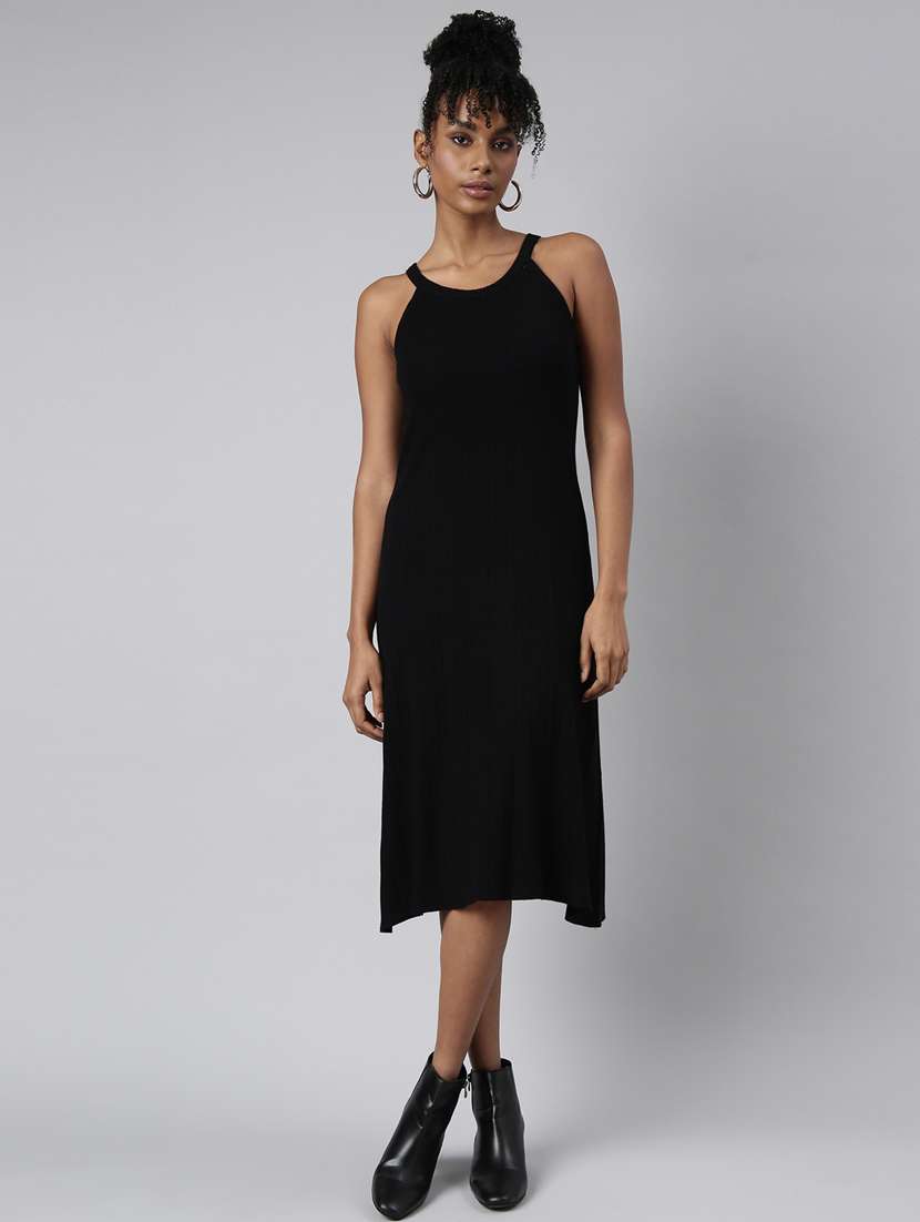 women solid sleeveless a-line dress