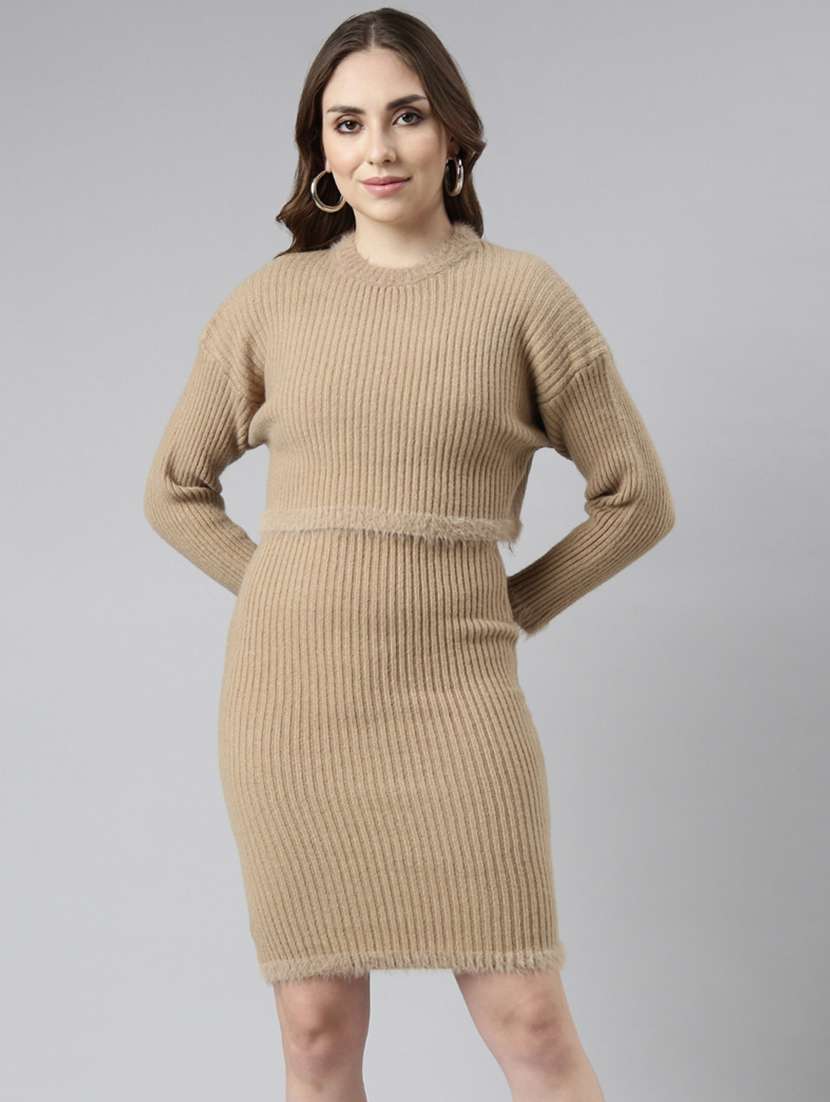 women beige solid bodycon dress