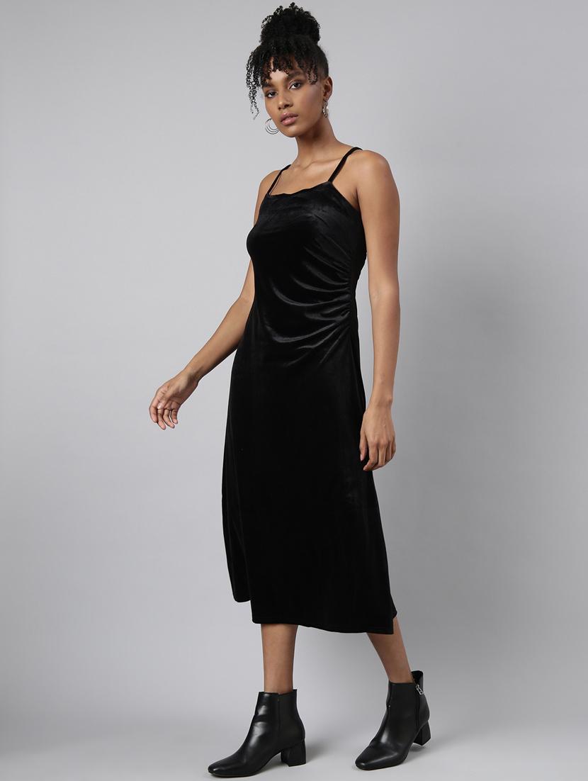 women solid shoulder strap a-line dress - 20915758 - Standard Image - 1
