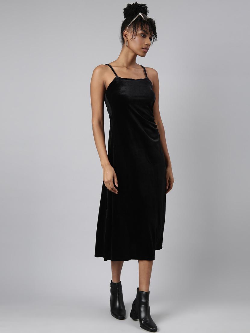women solid shoulder strap a-line dress - 20915758 - Standard Image - 4