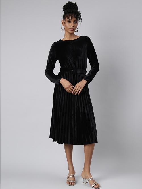 women solid belted fit & flare dress - 20915760 - Standard Image - 0