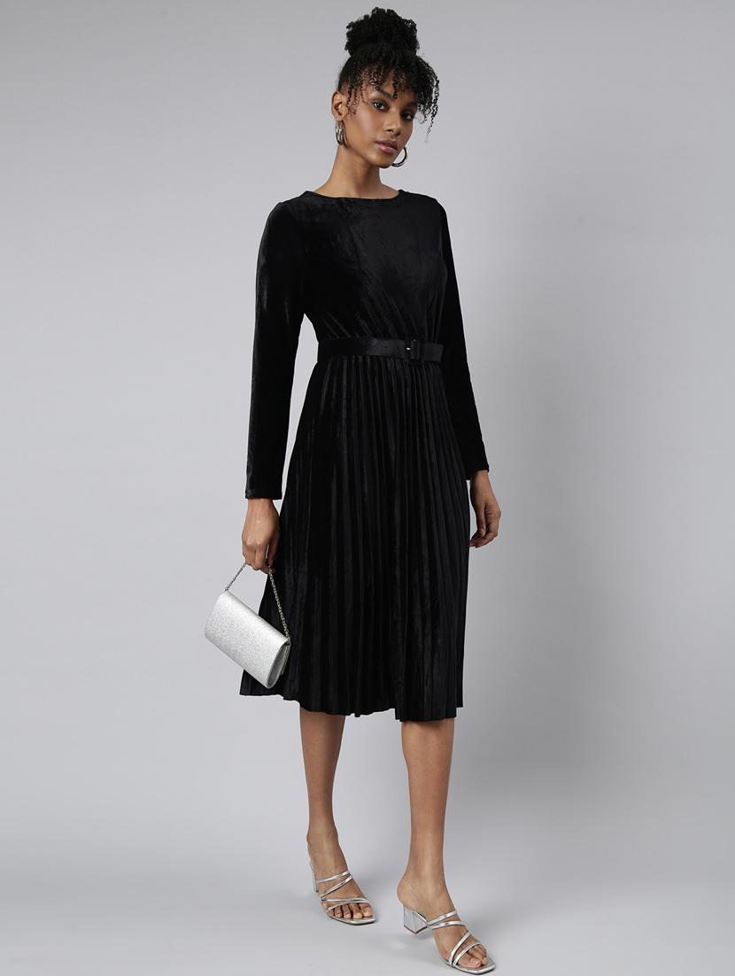 women solid belted fit & flare dress - 20915760 - Standard Image - 4