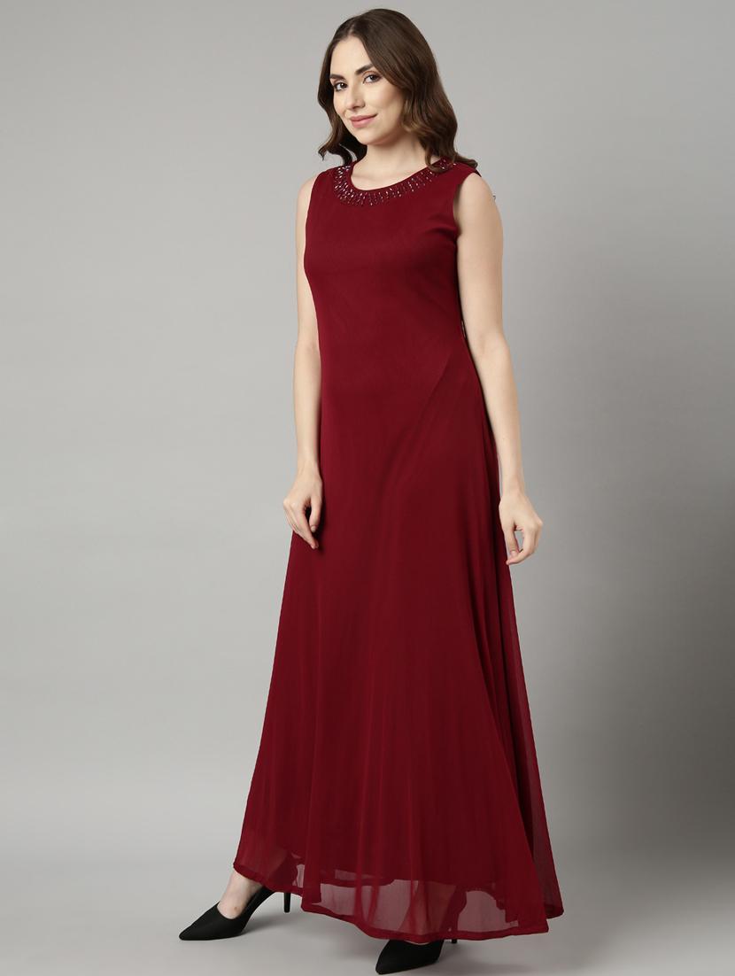 women maroon solid round neck gown dress - 20915766 - Standard Image - 1