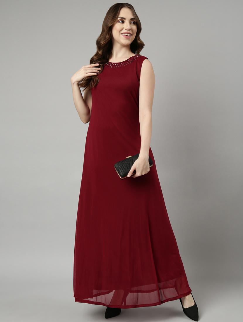 women maroon solid round neck gown dress - 20915766 - Standard Image - 4
