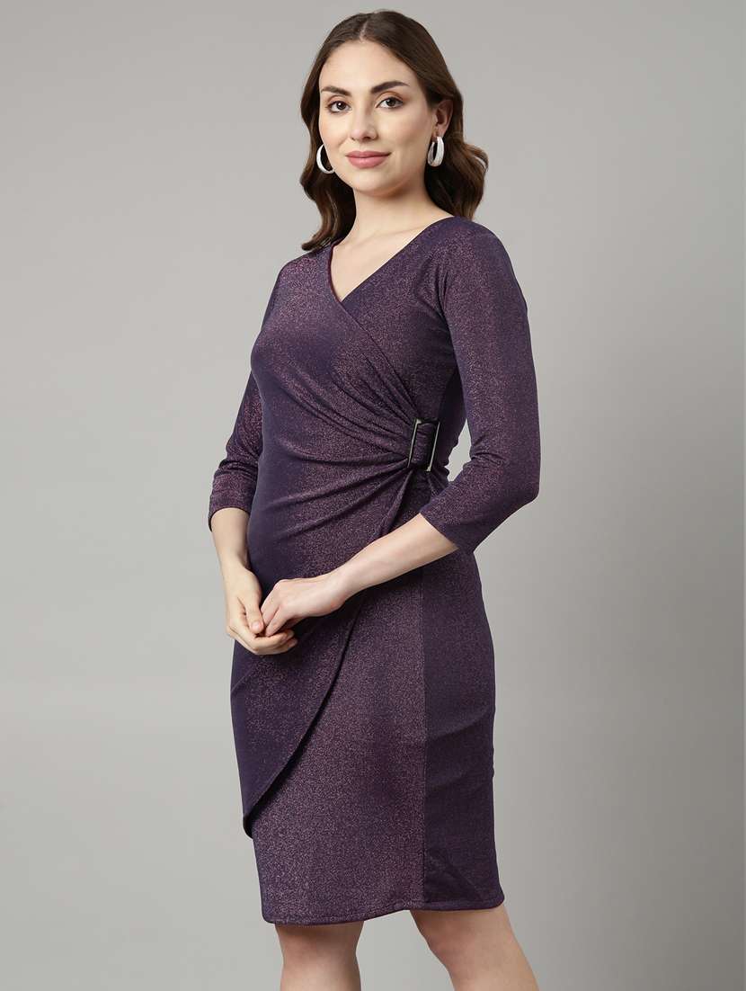 women solid overlap neck wrap dress - 20915769 - Standard Image - 1