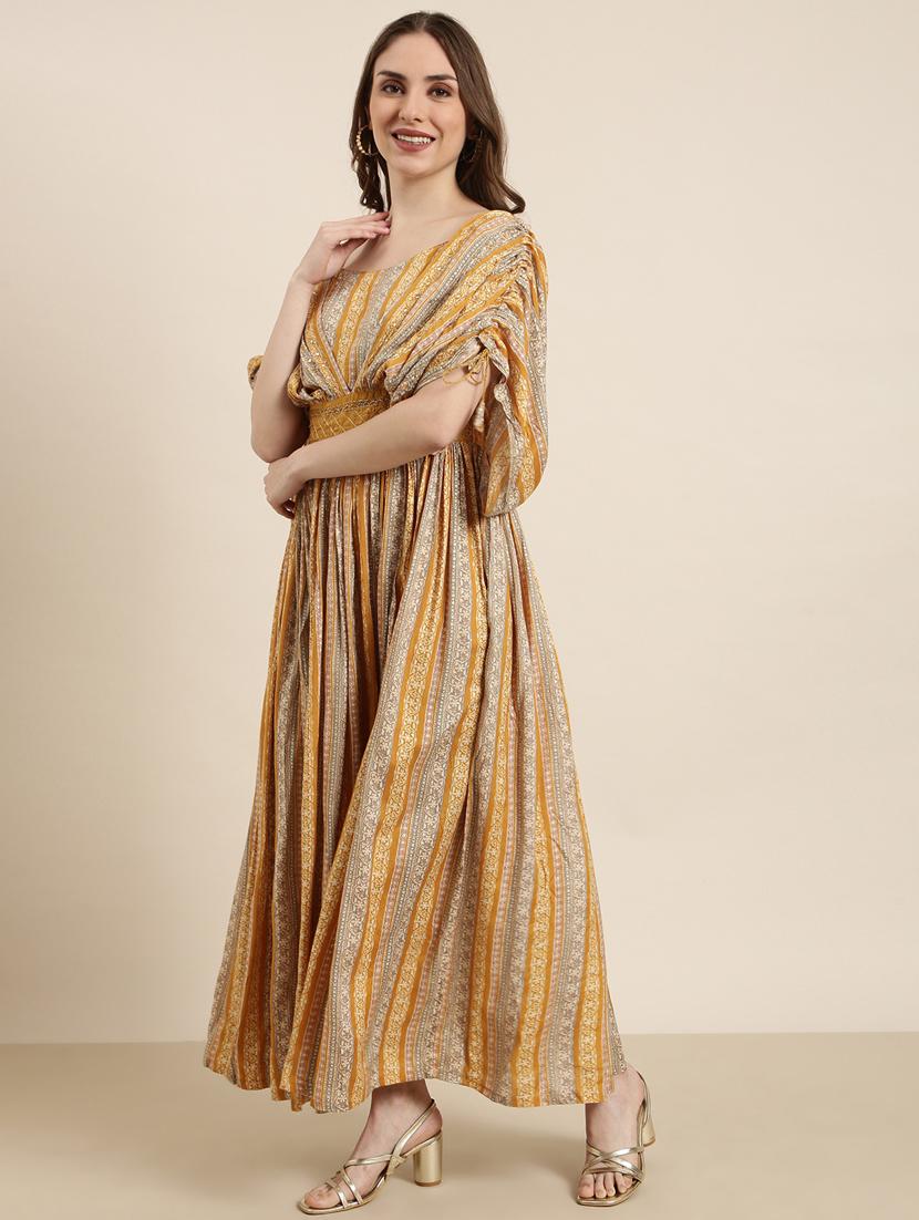 women mustard printed fit & flare dress - 20915773 - Standard Image - 1