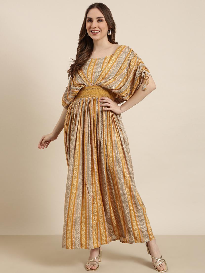 women mustard printed fit & flare dress - 20915773 - Standard Image - 4