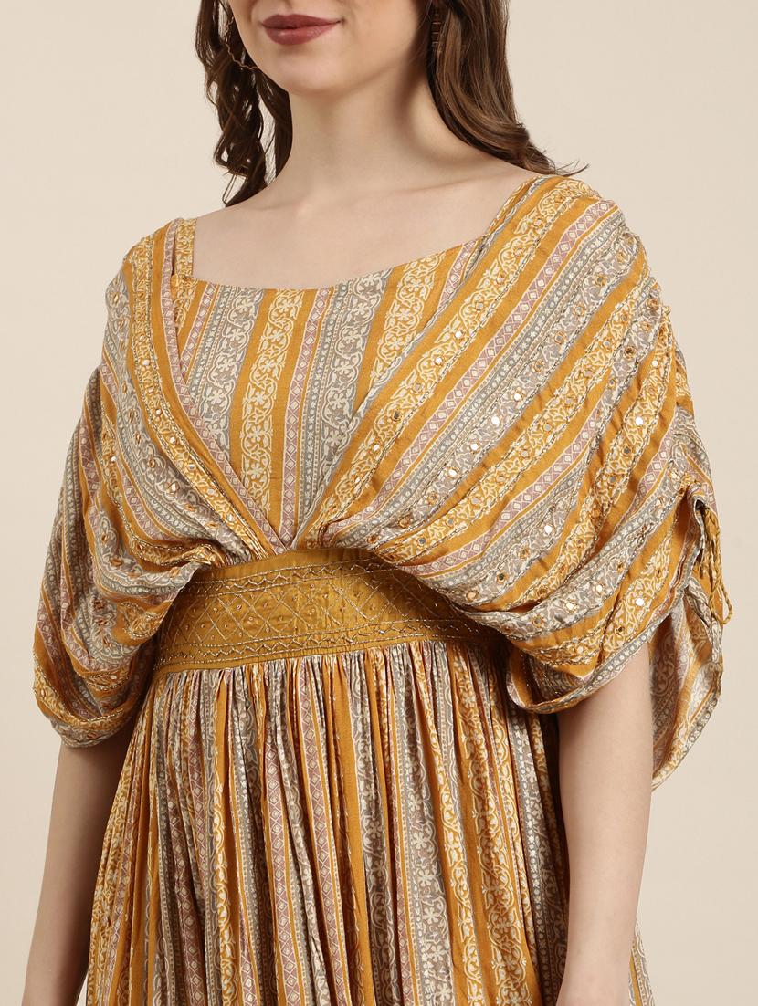 women mustard printed fit & flare dress - 20915773 - Standard Image - 6