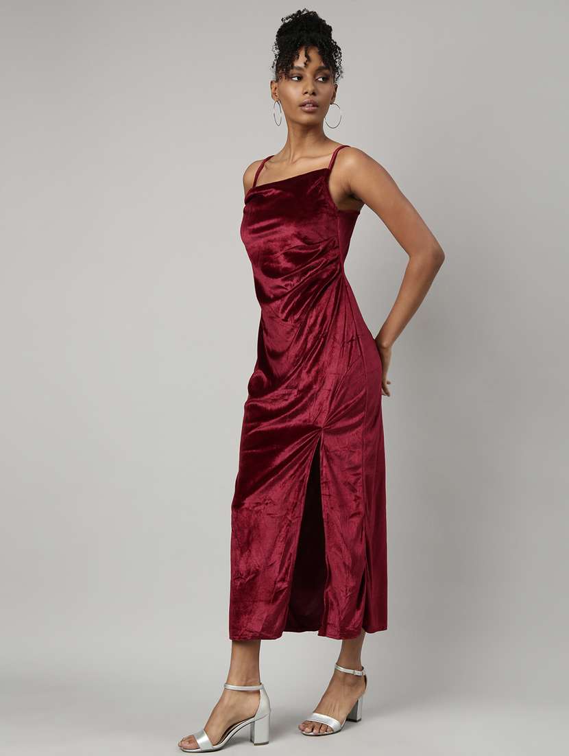 women maroon solid high-slit dress - 20915789 -  Standard Image - 1