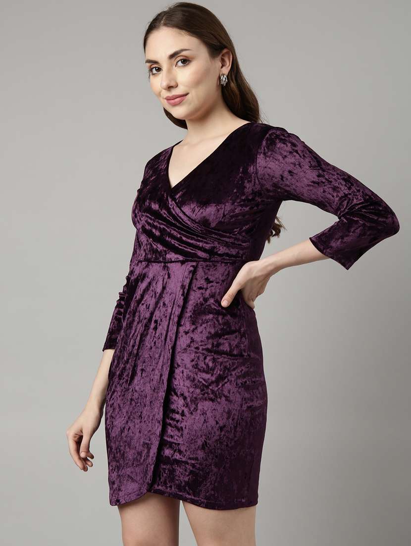 women solid overlap neck wrap dress - 20915793 -  Standard Image - 1