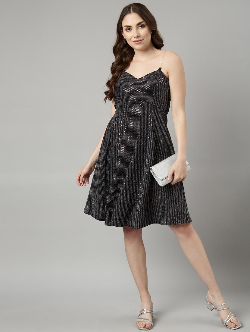 women charcoal self-designed fit & flare dress - 20915802 - Standard Image - 4