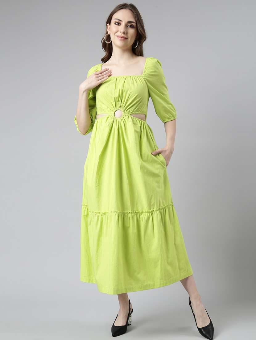 women solid puff sleeves tiered dress
