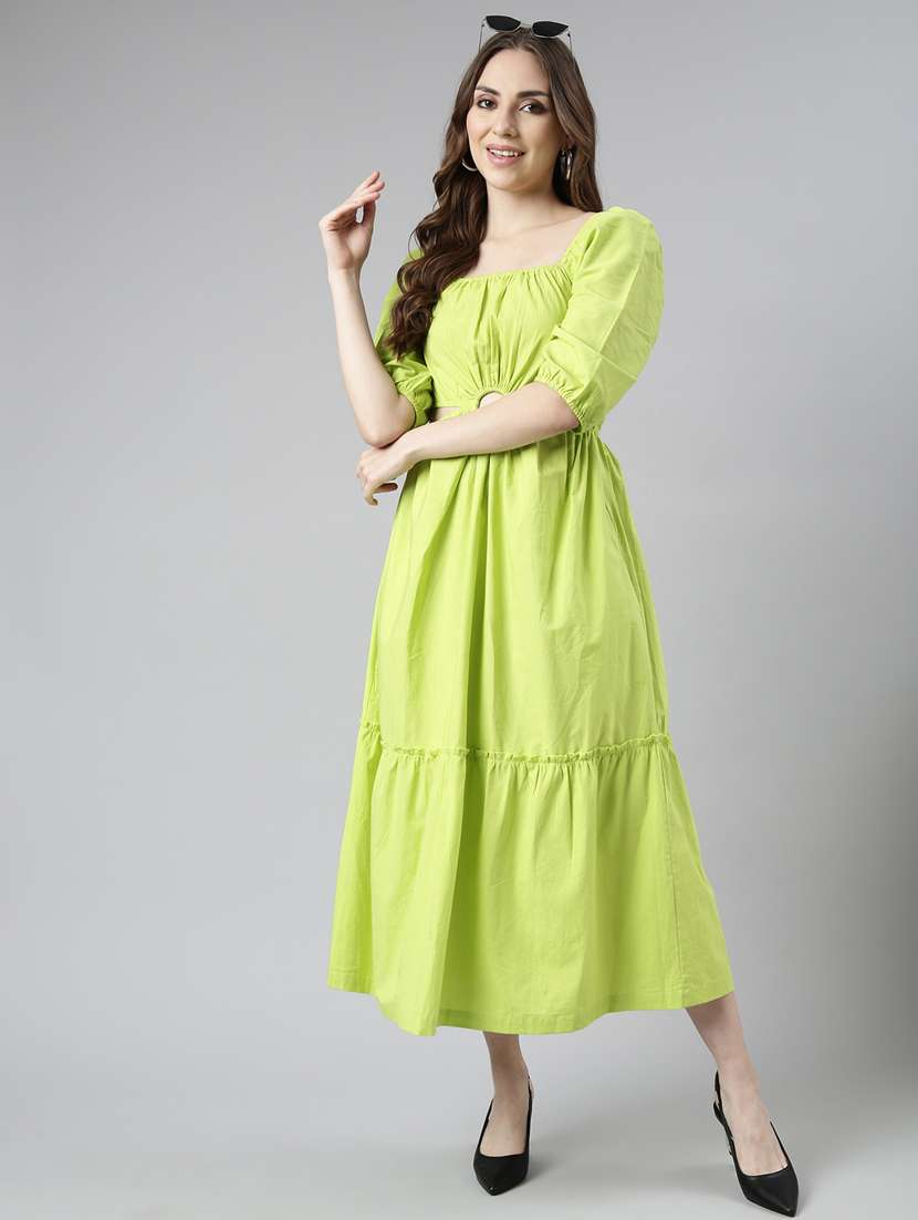 women solid puff sleeves tiered dress - 20915821 -  Standard Image - 4