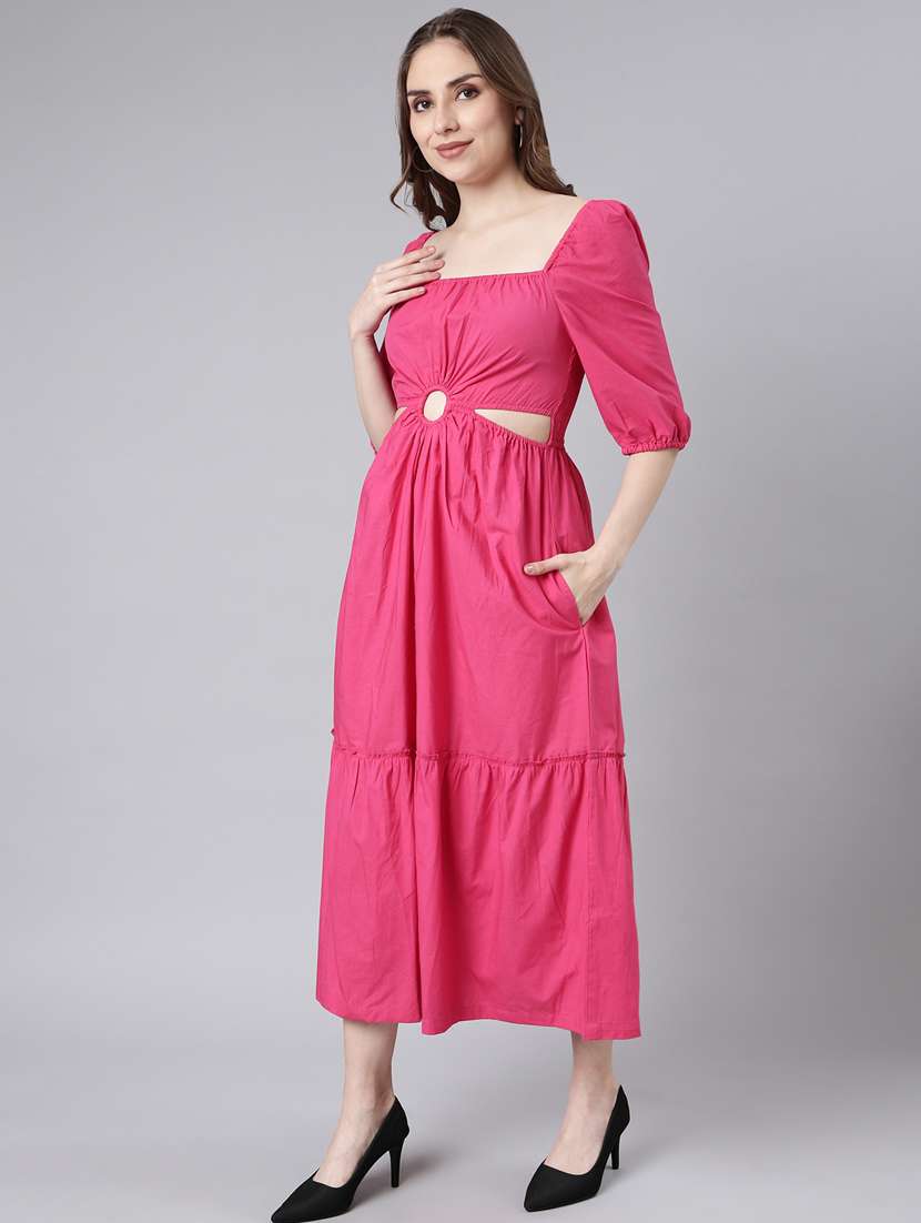 women solid puff sleeves tiered dress - 20915823 -  Standard Image - 1