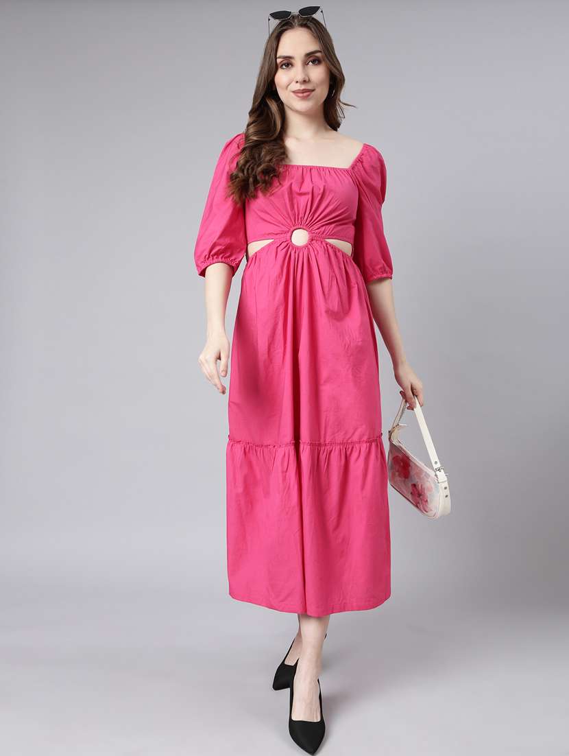women solid puff sleeves tiered dress - 20915823 -  Standard Image - 4