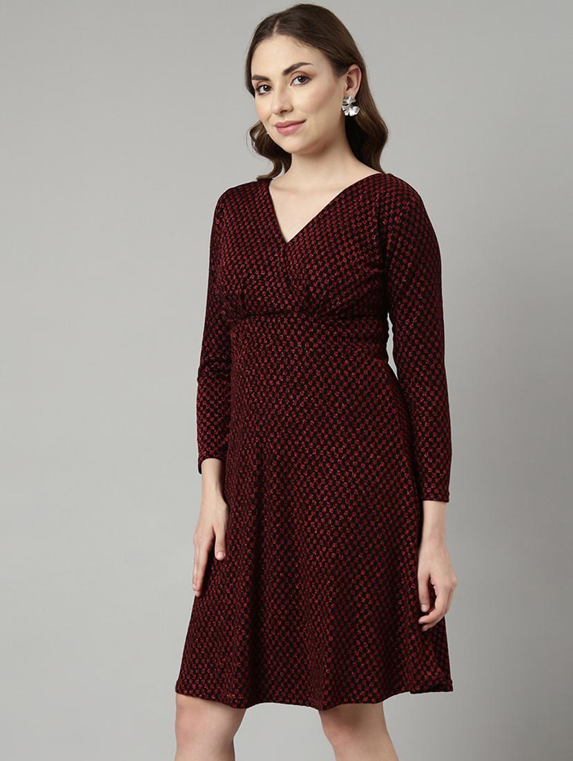 women maroon self-designed fit & flare dress - 20915843 -  Standard Image - 1