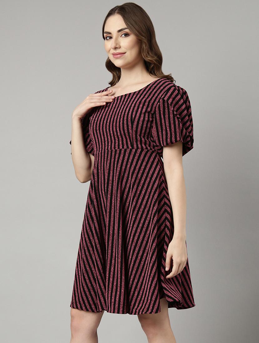 women striped puff sleeves fit & flare dress - 20915857 -  Standard Image - 1