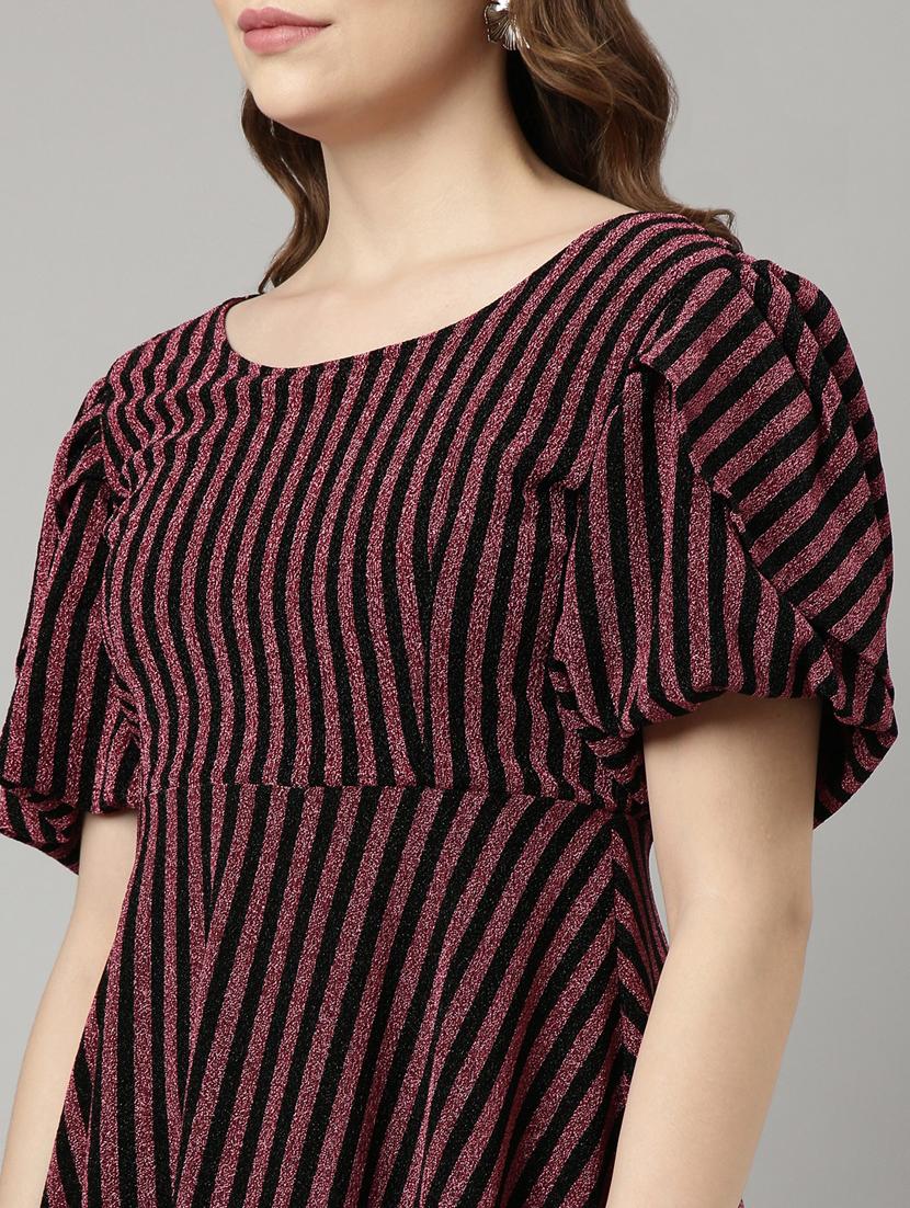 women striped puff sleeves fit & flare dress - 20915857 - Standard Image - 6