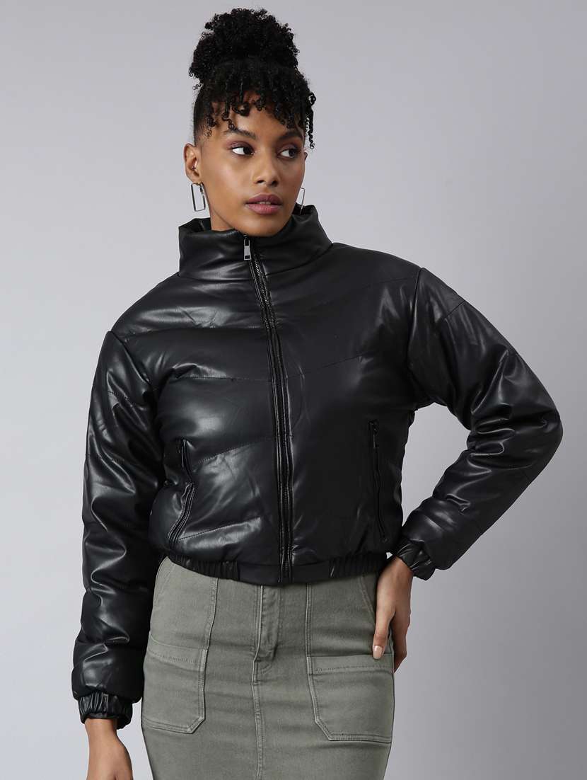 women solid black leather jacket