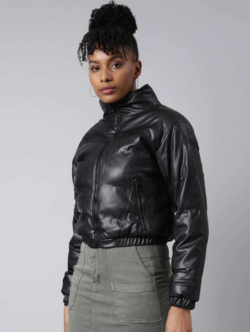 women solid black leather jacket - 20917078 -  Standard Image - 1