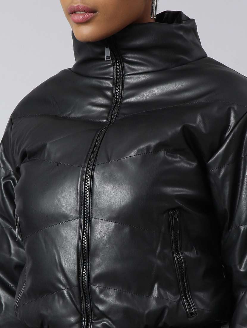 women solid black leather jacket - 20917078 -  Standard Image - 6