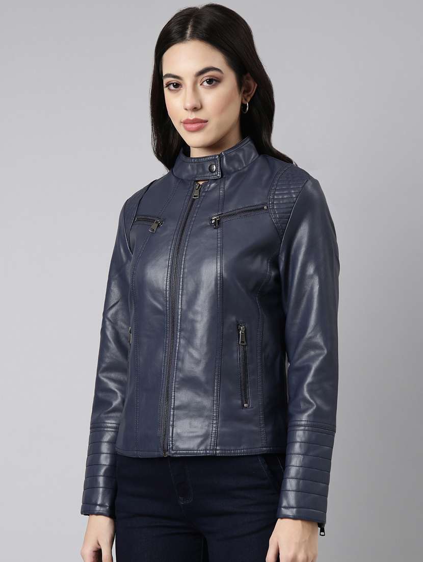 mock neck solid biker jacket - 20917080 -  Standard Image - 1