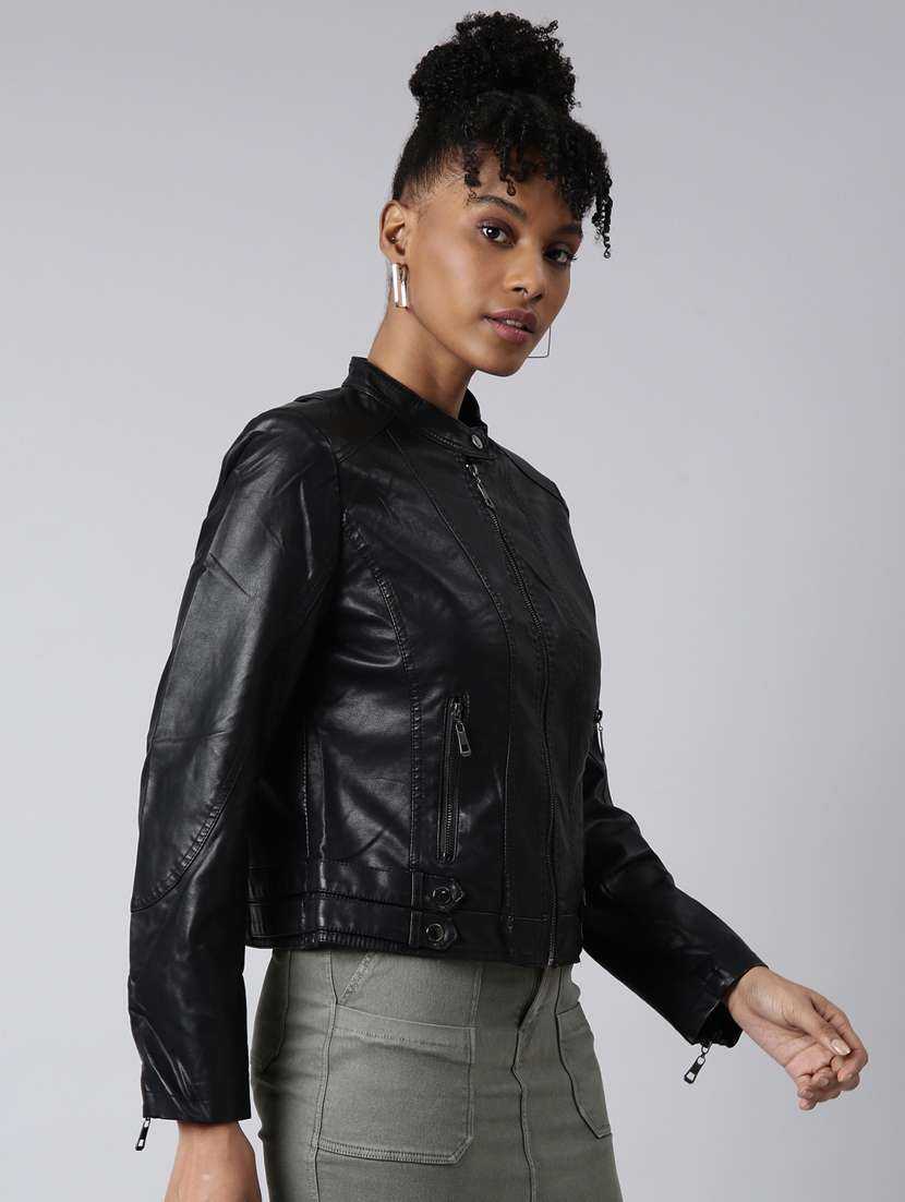 women solid long sleeves leather jacket - 20917090 -  Standard Image - 1