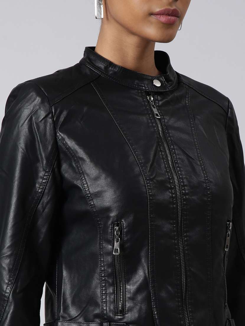 women solid long sleeves leather jacket - 20917090 -  Standard Image - 6
