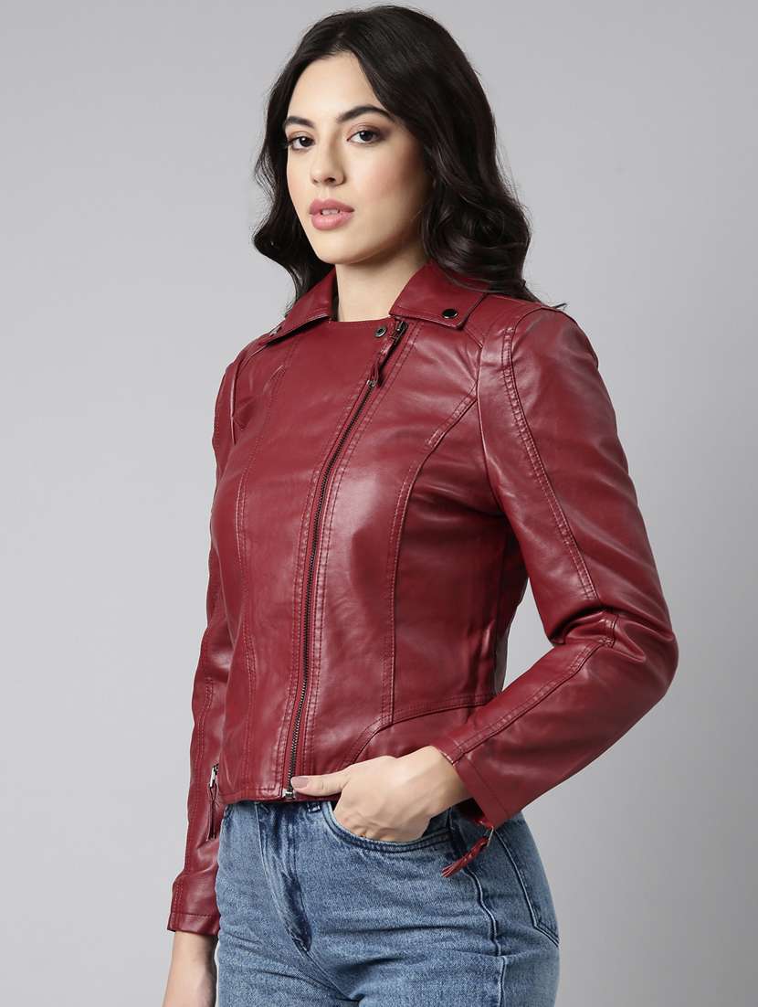 maroon leather bomberbiker jacket - 20917093 -  Standard Image - 1